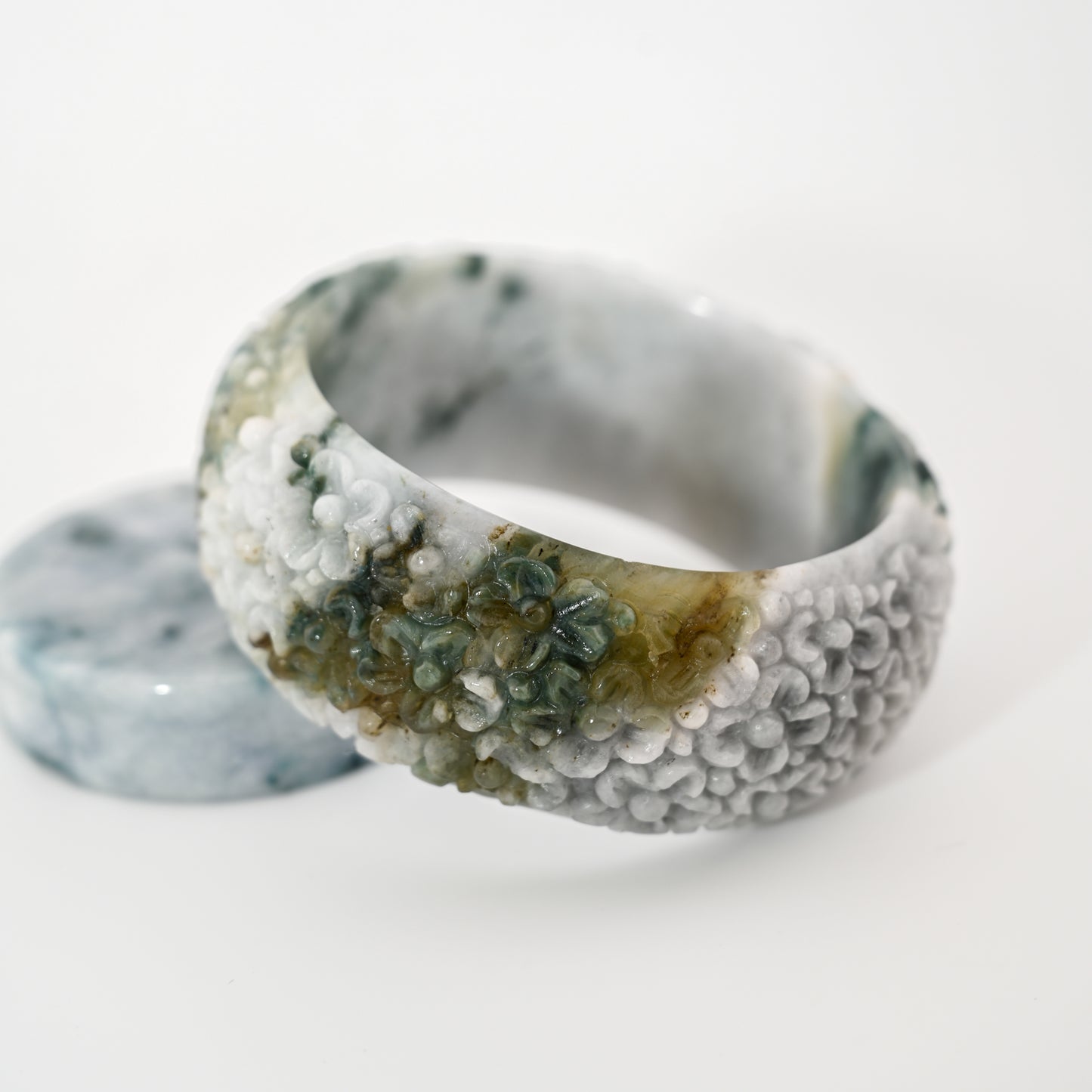 Engraved Burmese Jade Bangle Cuff – White & Vintage