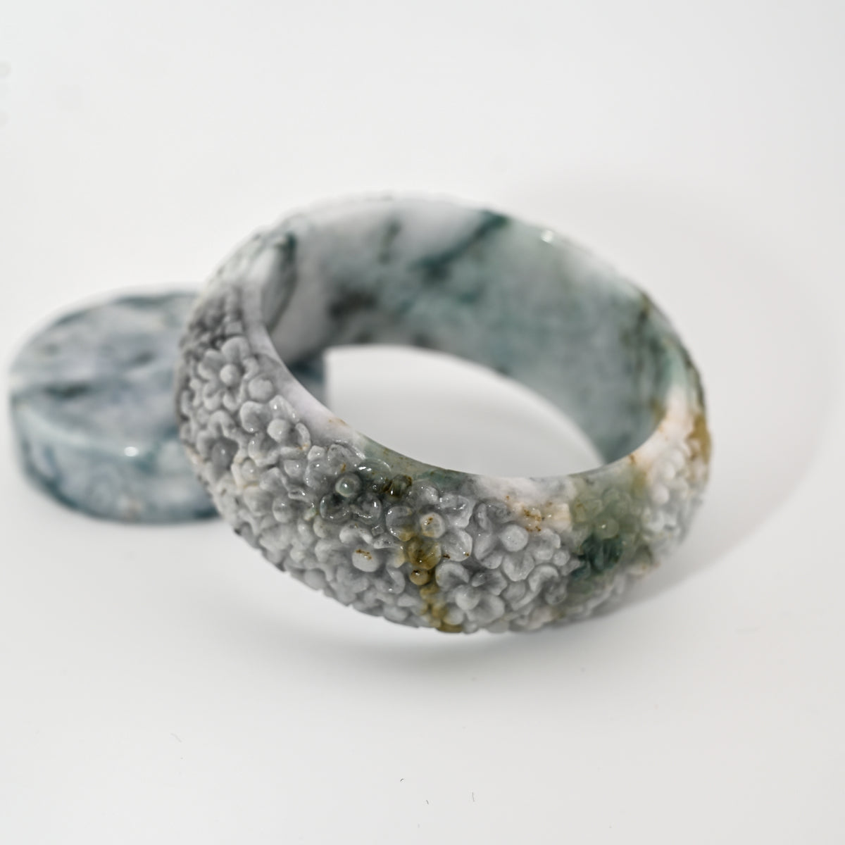 Engraved Type A Burmese jadeite bangle cuff, imperial green, lavender & ocean blue — Brother Ryan Shop