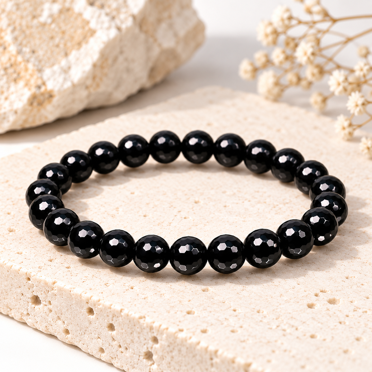 Diamond Cut Black Onyx Bead Bracelet