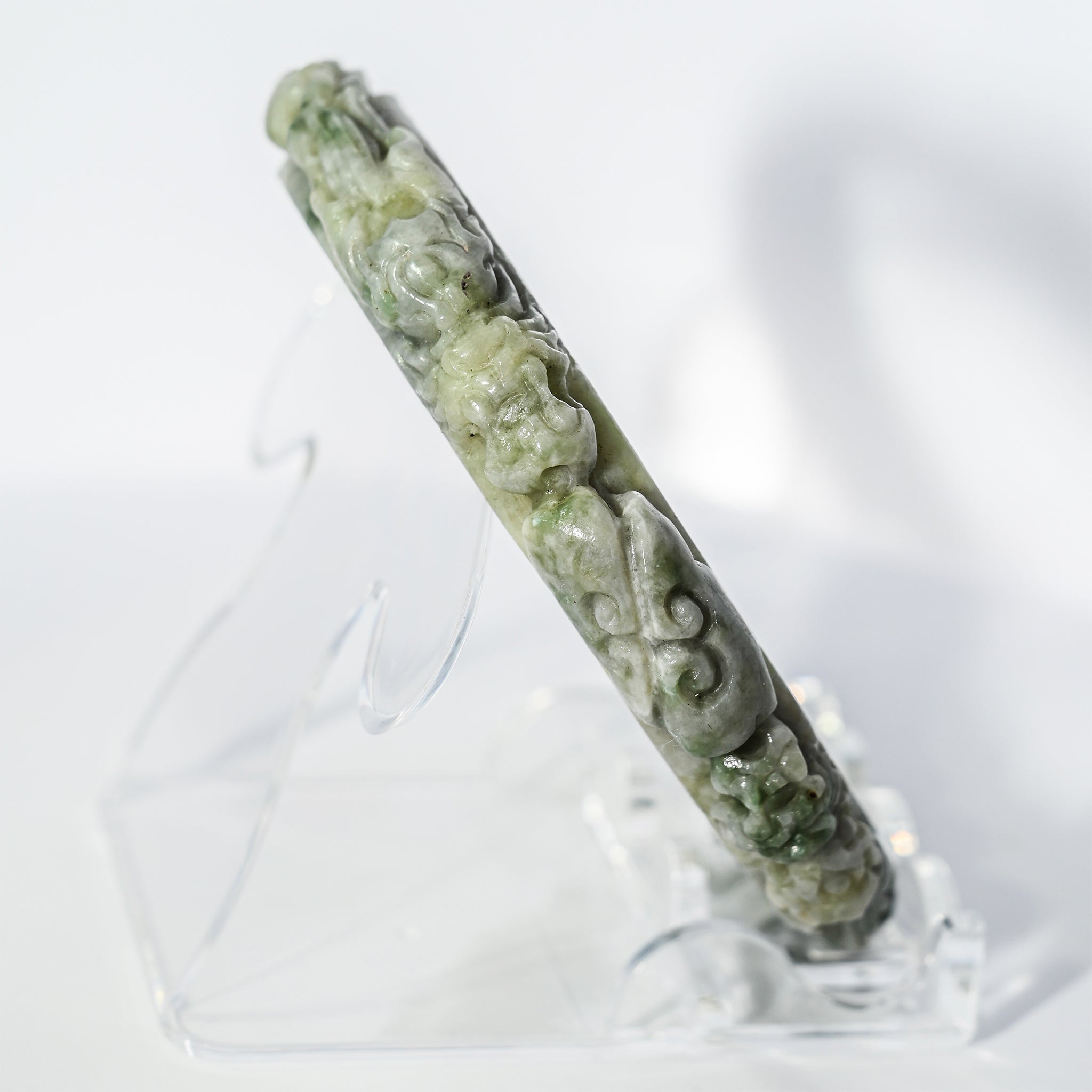 S59 Apple Lavender Twin Dragon Carved Jade Bangle