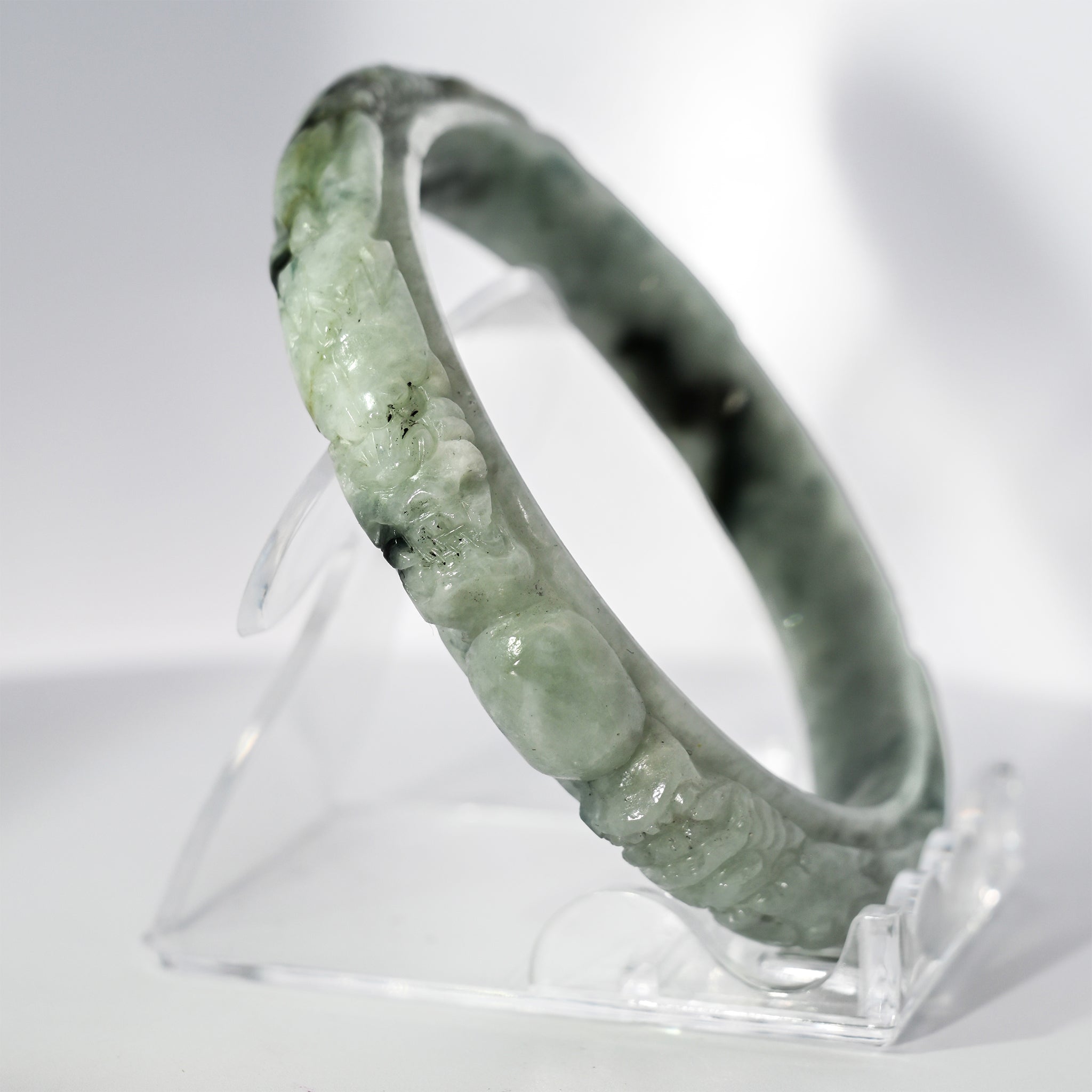 S59 Icy Off-White Twin Dragon Carved Jade Bangle