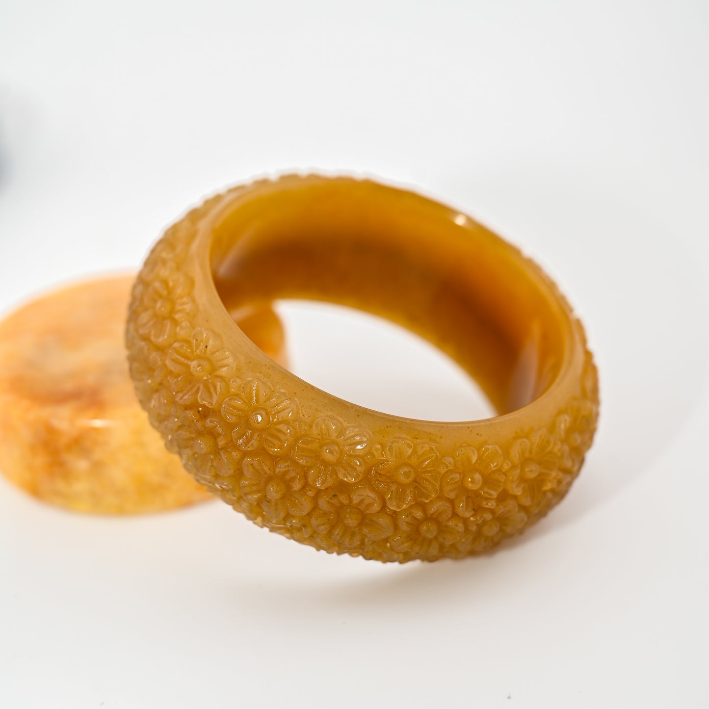 Engraved Burmese Jade Bangle Cuff – Solid Honey