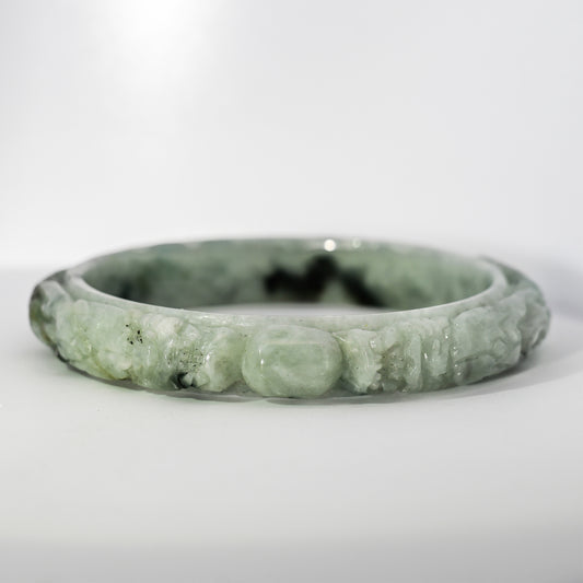 S59 Icy Off-White Twin Dragon Carved Jade Bangle