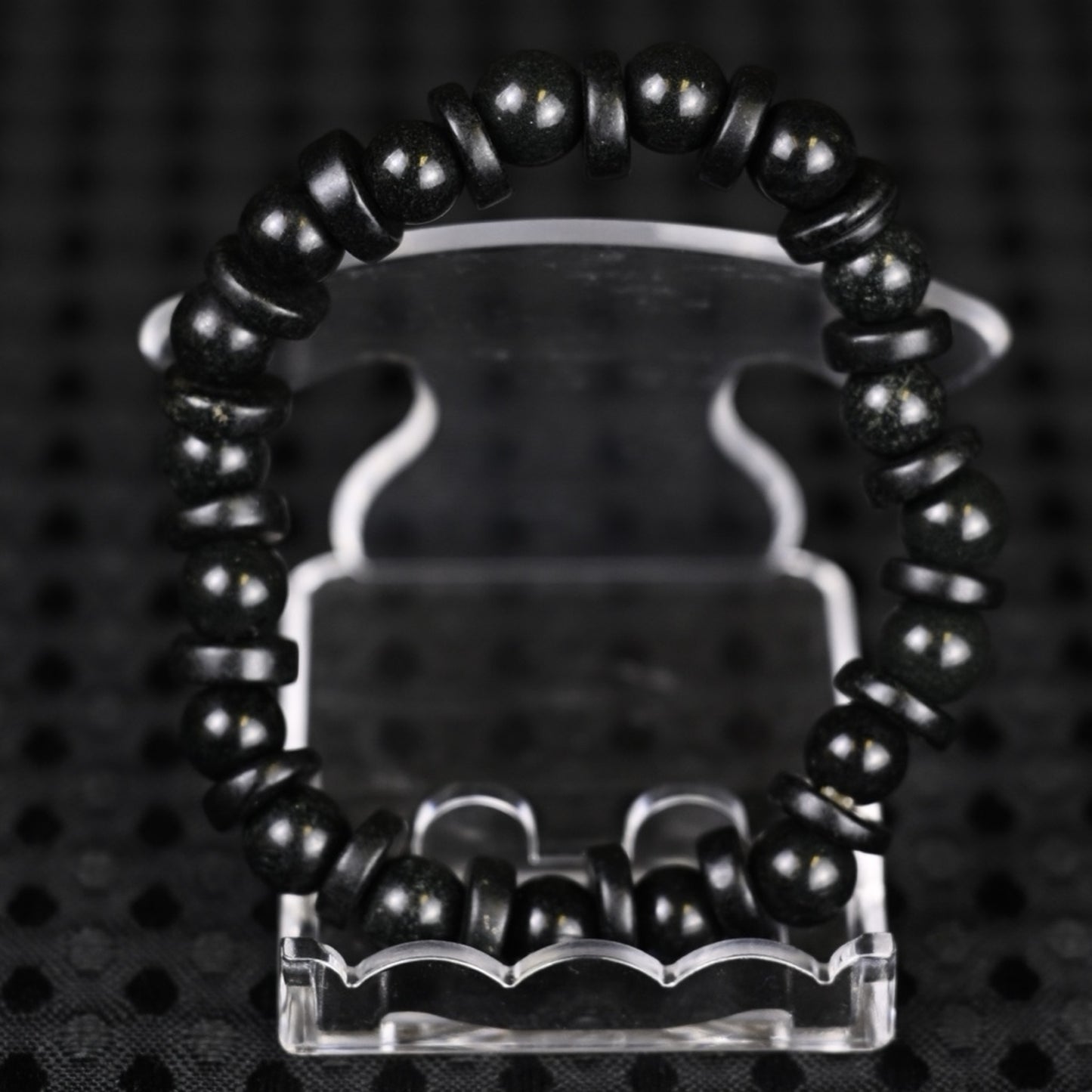 Black Jade Bead Bracelet & Dragon Scale Engraved Jade Ring Set