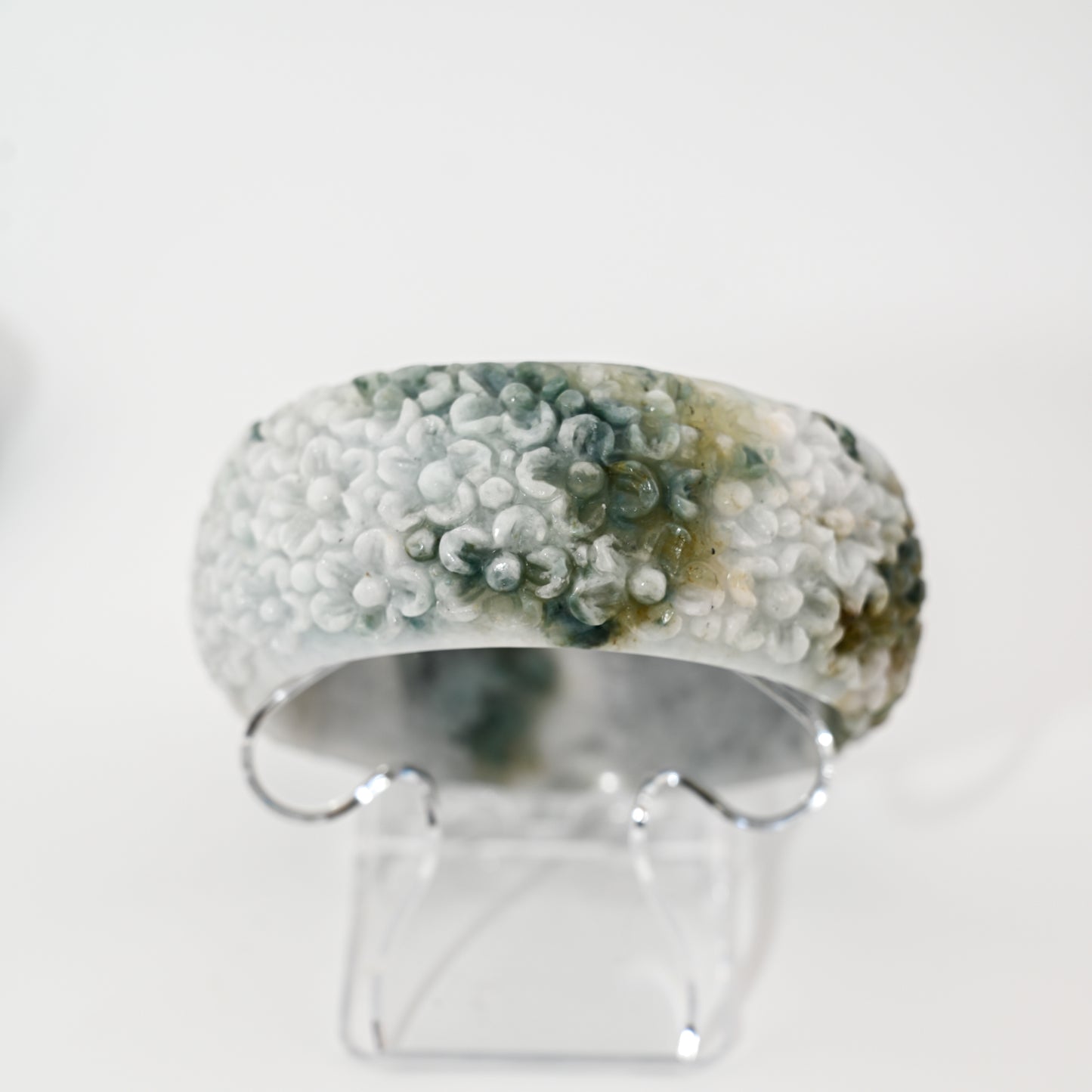 Engraved Burmese Jade Bangle Cuff – White & Vintage