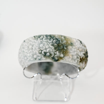 Engraved Burmese Jade Bangle Cuff – White & Vintage