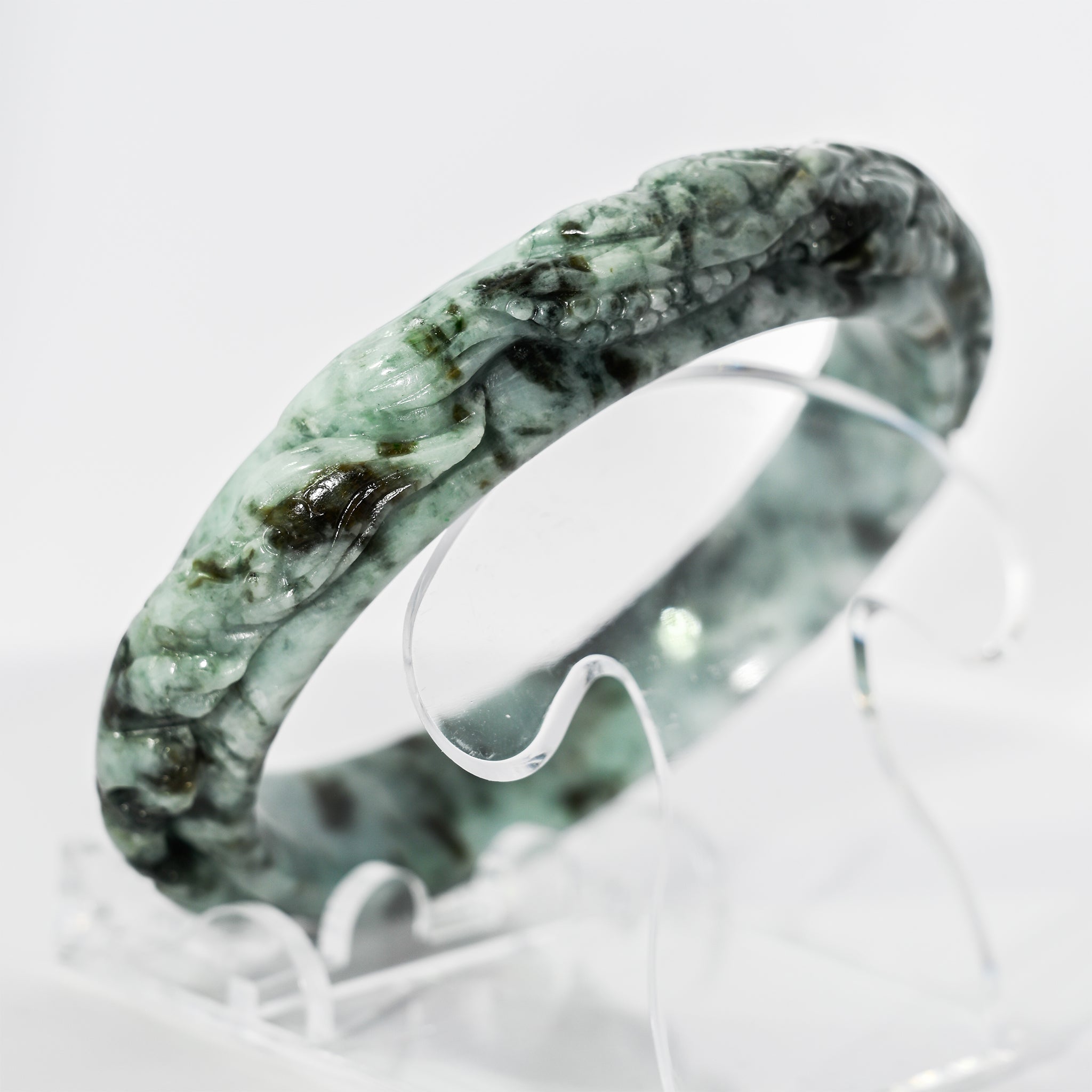 S57 Ocean Blue Twin Dragon Carved Jade Bangle