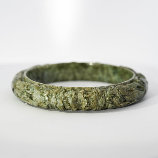 S59 Green Vintage Twin Dragon Carved Jade Bangle