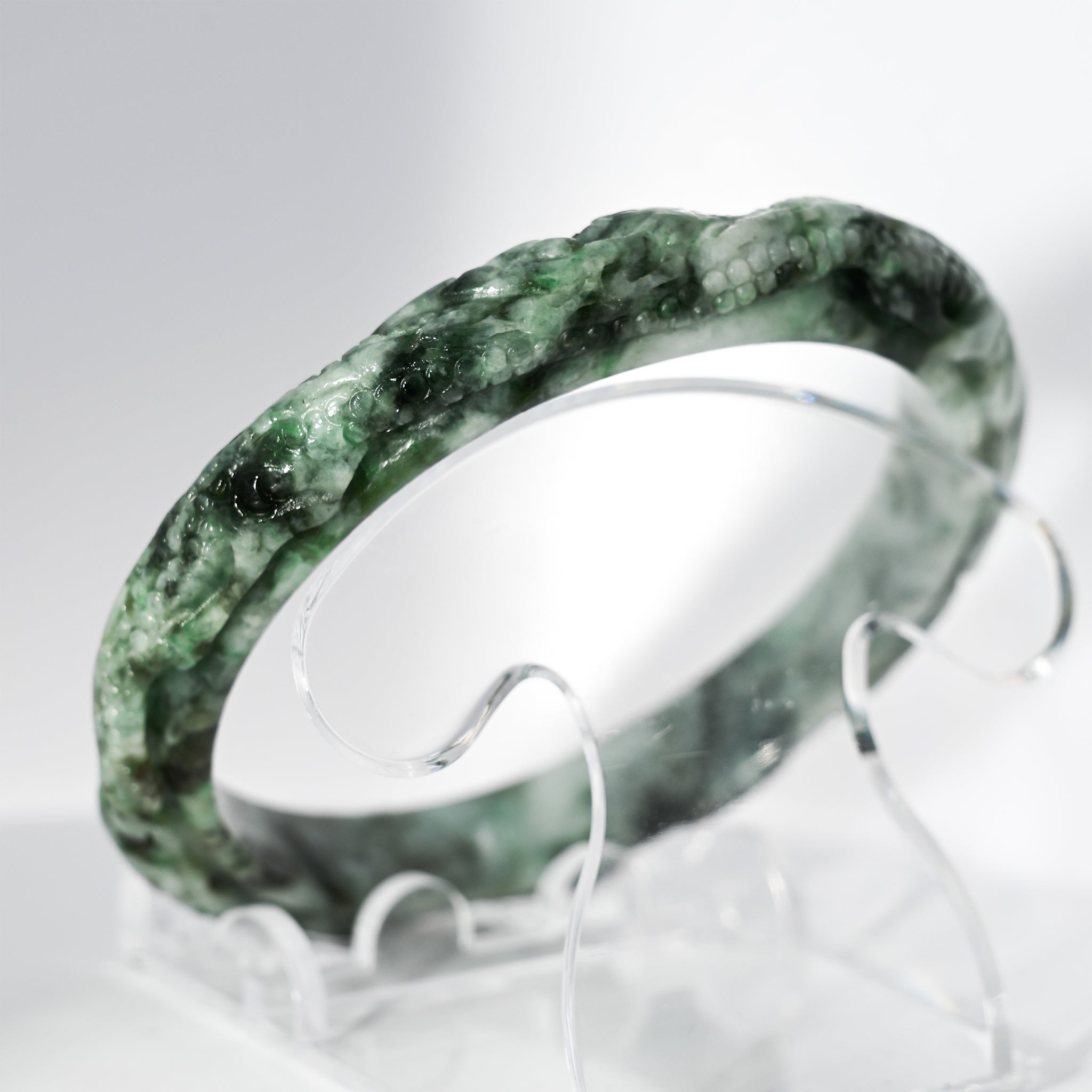 S58 Apple Ocean Blue Dragon Carved Jade Bangle