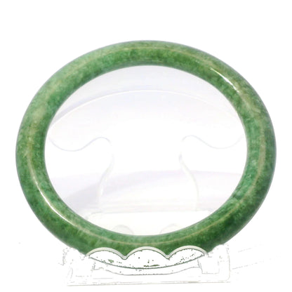 63mm Candy Apple Green Round Jade Bangle, front view on display stand, authentic Type A Burma jadeite, Brother Ryan Shop