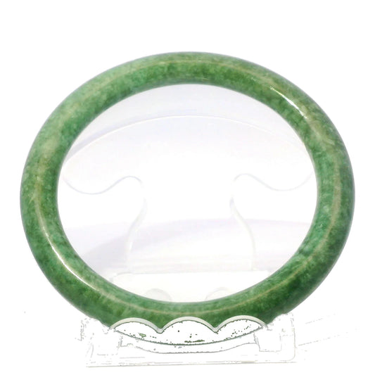 63mm Candy Apple Green Round Jade Bangle, front view on display stand, authentic Type A Burma jadeite, Brother Ryan Shop