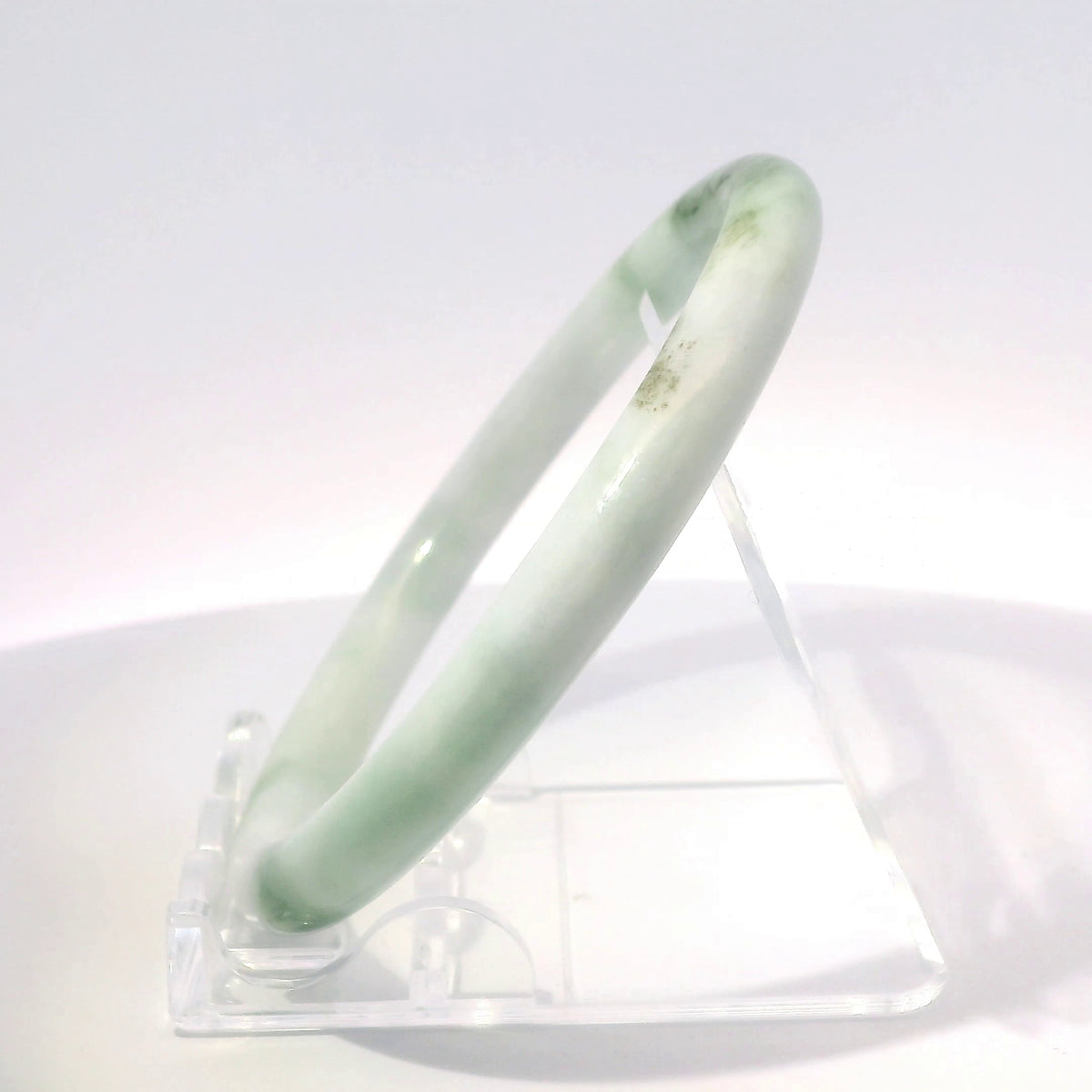 58mm Apple Mix Round Cut Bangle, side profile close-up showing band thickness, authentic Type A Burma jadeite, Brother Ryan Shop