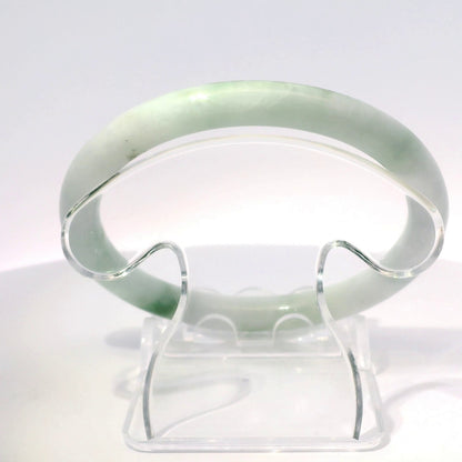 58mm Apple Mix Round Cut Bangle, top-down view on display stand, authentic Type A Burma jadeite, Brother Ryan Shop