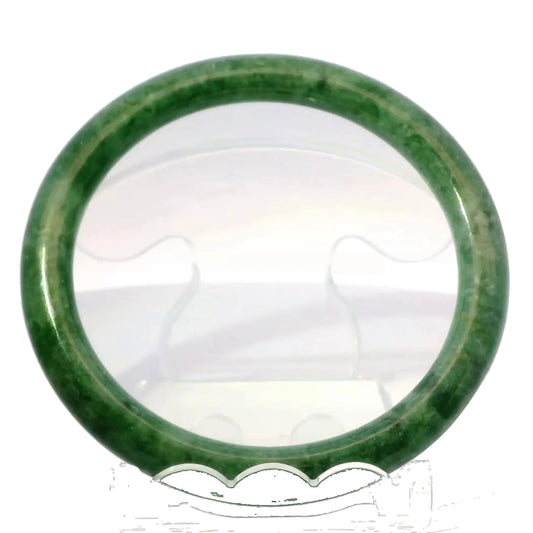 60mm Imperial Round Jade Bangle, front view on display stand, authentic Type A Burma jadeite, Brother Ryan Shop