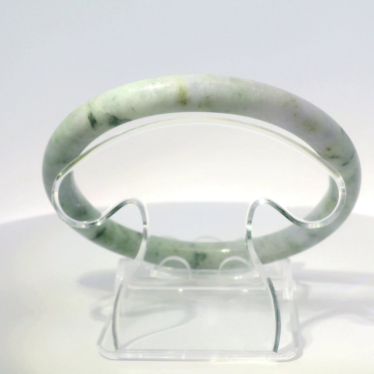 61mm Lavender Black Round Jade Bangle, top down view on display stand, authentic Type A Burma jadeite, Brother Ryan Shop