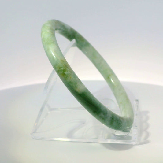 59mm Mix Round Jade Bangle, angled view showing color detail, authentic Type A Burma jadeite, Brother Ryan Shop