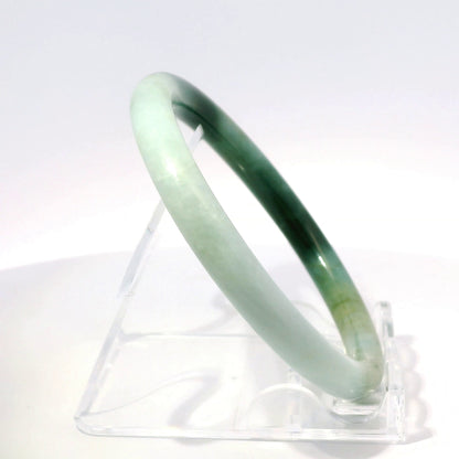 57mm Tri-Color Round Cut Bangle, upright edge view on display stand, authentic Type A Burma jadeite, Brother Ryan Shop