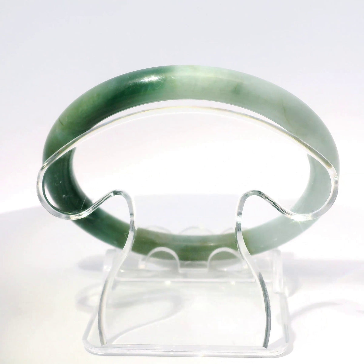 57mm Tri-Color Round Cut Bangle, top-down view on display stand, authentic Type A Burma jadeite, Brother Ryan Shop