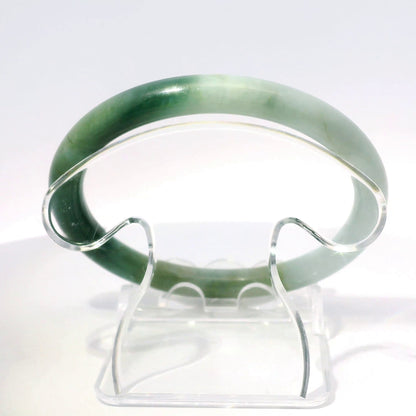 57mm Tri-Color Round Cut Bangle, top-down view on display stand, authentic Type A Burma jadeite, Brother Ryan Shop
