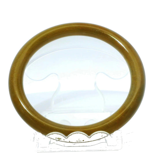 63mm Raw Honey Round jade bangle, front view on display stand, authentic Type A Burma jadeite, Brother Ryan Shop