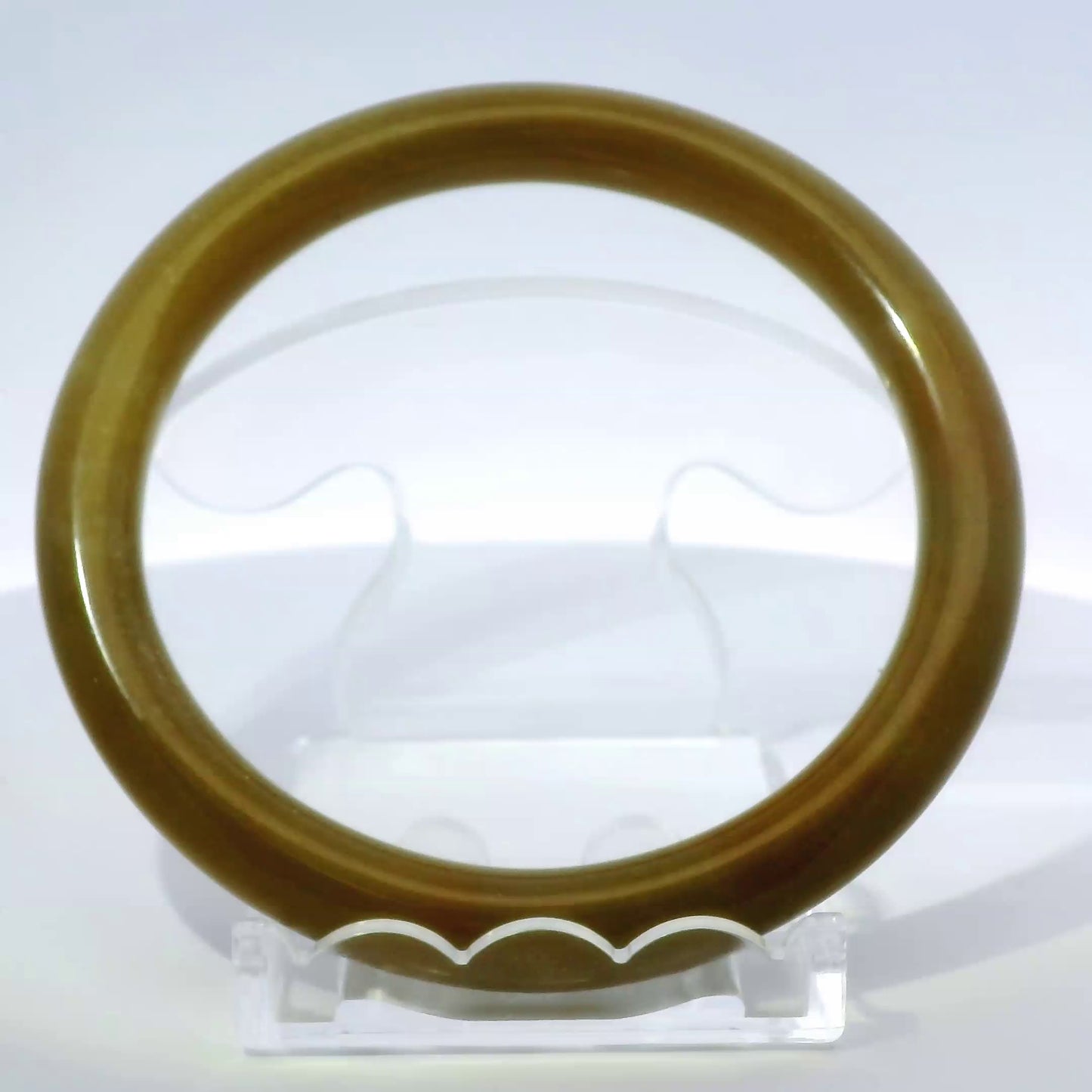 63mm Raw Honey Round jade bangle, front view on display stand, authentic Type A Burma jadeite, Brother Ryan Shop