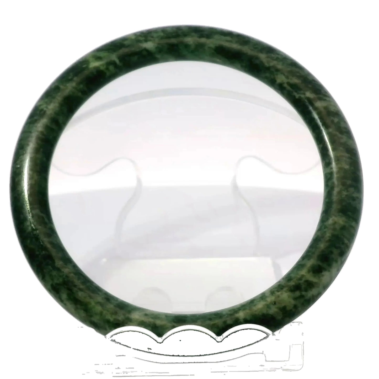 60mm Fiery Forest Round Jade Bangle, front view on display stand, authentic Type A Burma jadeite, Brother Ryan Shop