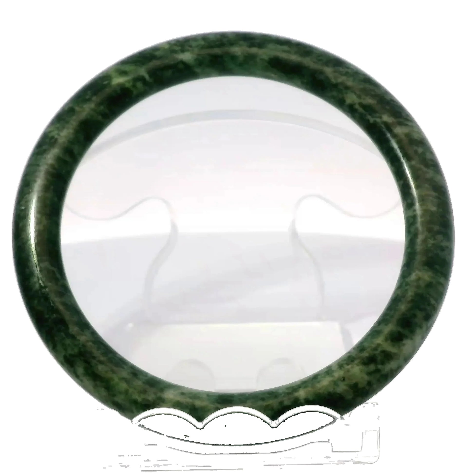 60mm Fiery Forest Round Jade Bangle, front view on display stand, authentic Type A Burma jadeite, Brother Ryan Shop