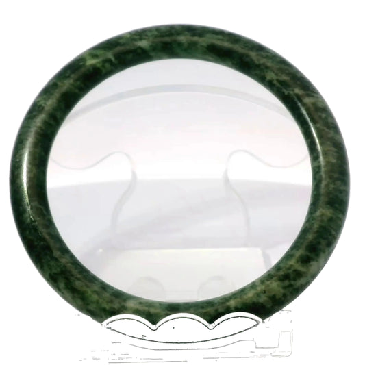 60mm Fiery Forest Round Jade Bangle, front view on display stand, authentic Type A Burma jadeite, Brother Ryan Shop