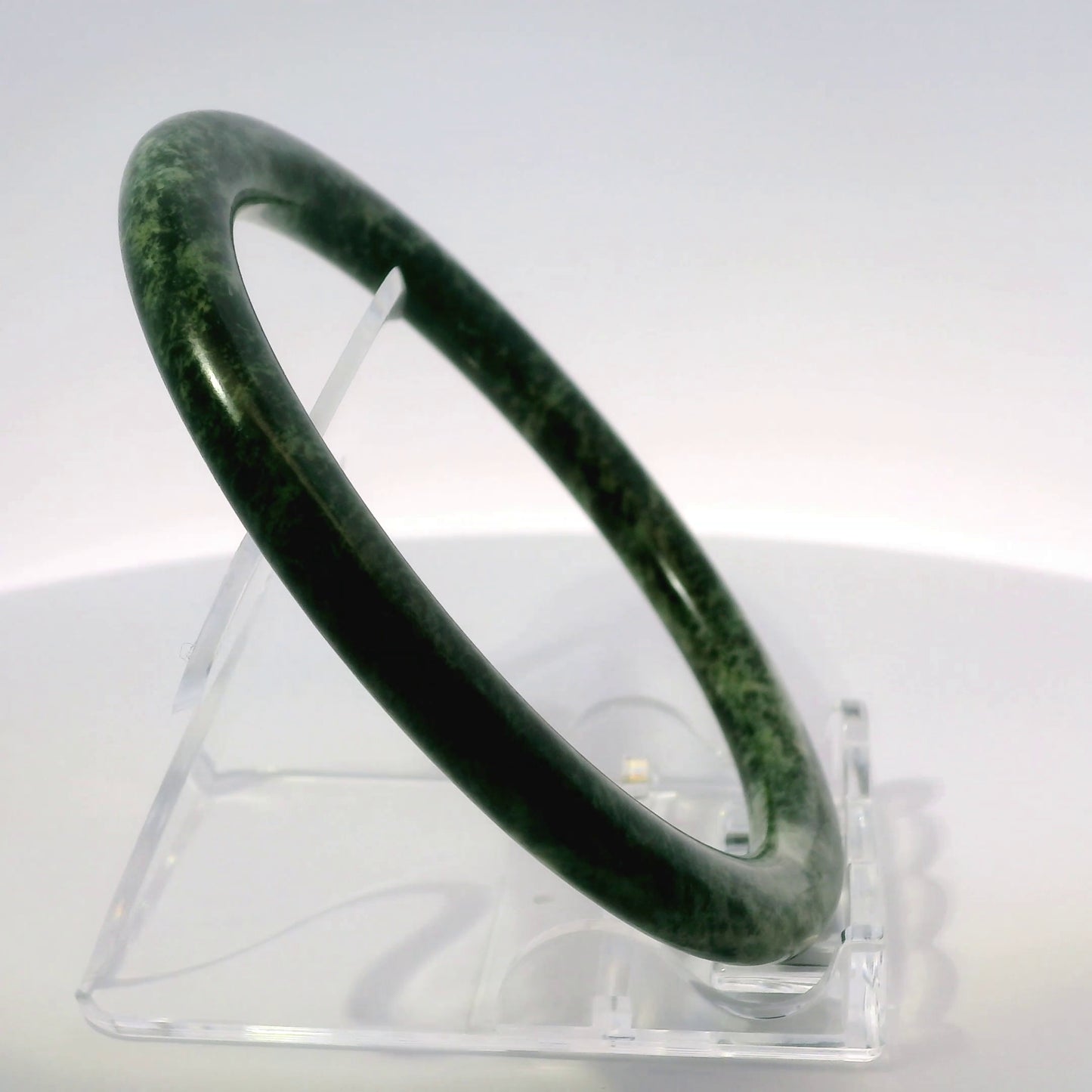 60mm Fiery Forest Round Jade Bangle, side profile close-up showing band thickness, authentic Type A Burma jadeite, Brother Ryan Shop