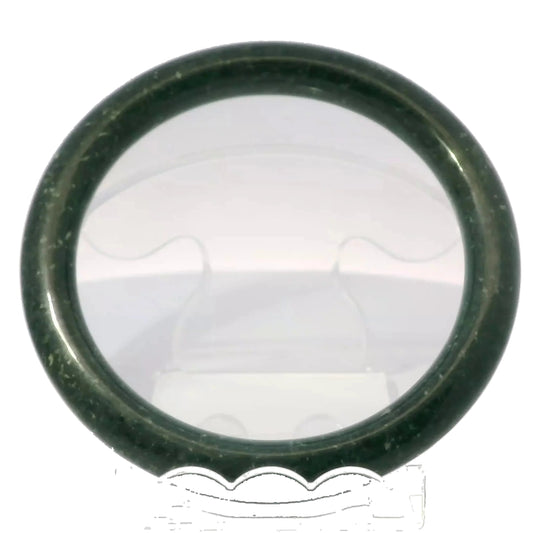 63mm Black Round Jade Bangle, front view on display stand, authentic Type A Burma jadeite, Brother Ryan Shop