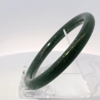 63mm Black Round Jade Bangle, top-down view on display stand, authentic Type A Burma jadeite, Brother Ryan Shop