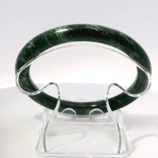 56.8mm Black Zebra Round Cut Bangle, side profile close-up showing band thickness, authentic Type A Burma jadeite, Brother Ryan Shop