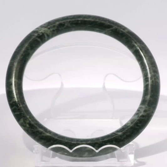 60mm Black Imperial Round Jade Bangle, front view on display stand, authentic Type A Burma jadeite, Brother Ryan Shop