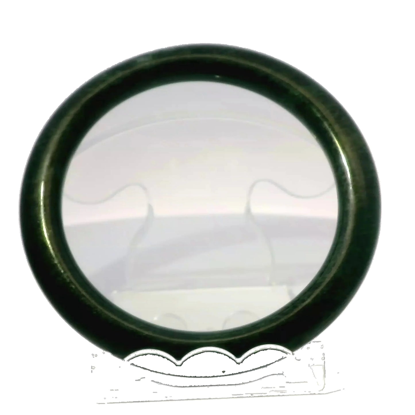 59mm Black Round Cut Jade Bangle, front view on display stand, authentic Type A Burma jadeite, Brother Ryan Shop
