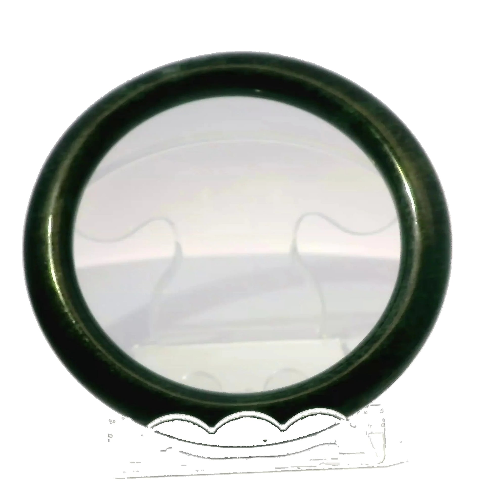59mm Black Round Cut Jade Bangle, front view on display stand, authentic Type A Burma jadeite, Brother Ryan Shop