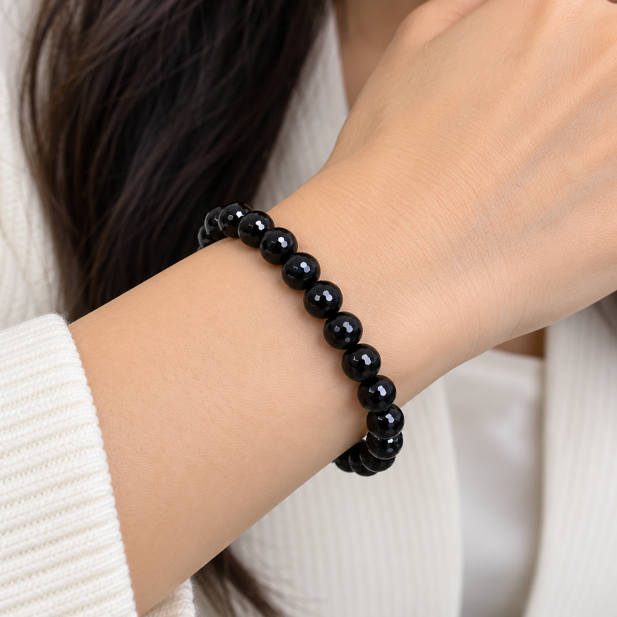 Diamond Cut Black Onyx Bead Bracelet