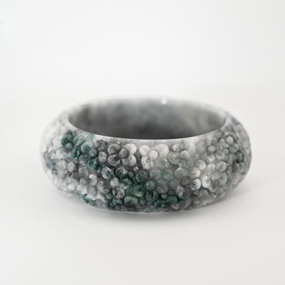 Floral-engraved Burmese jadeite bangle cuff in wuji lavender, ocean blue and white