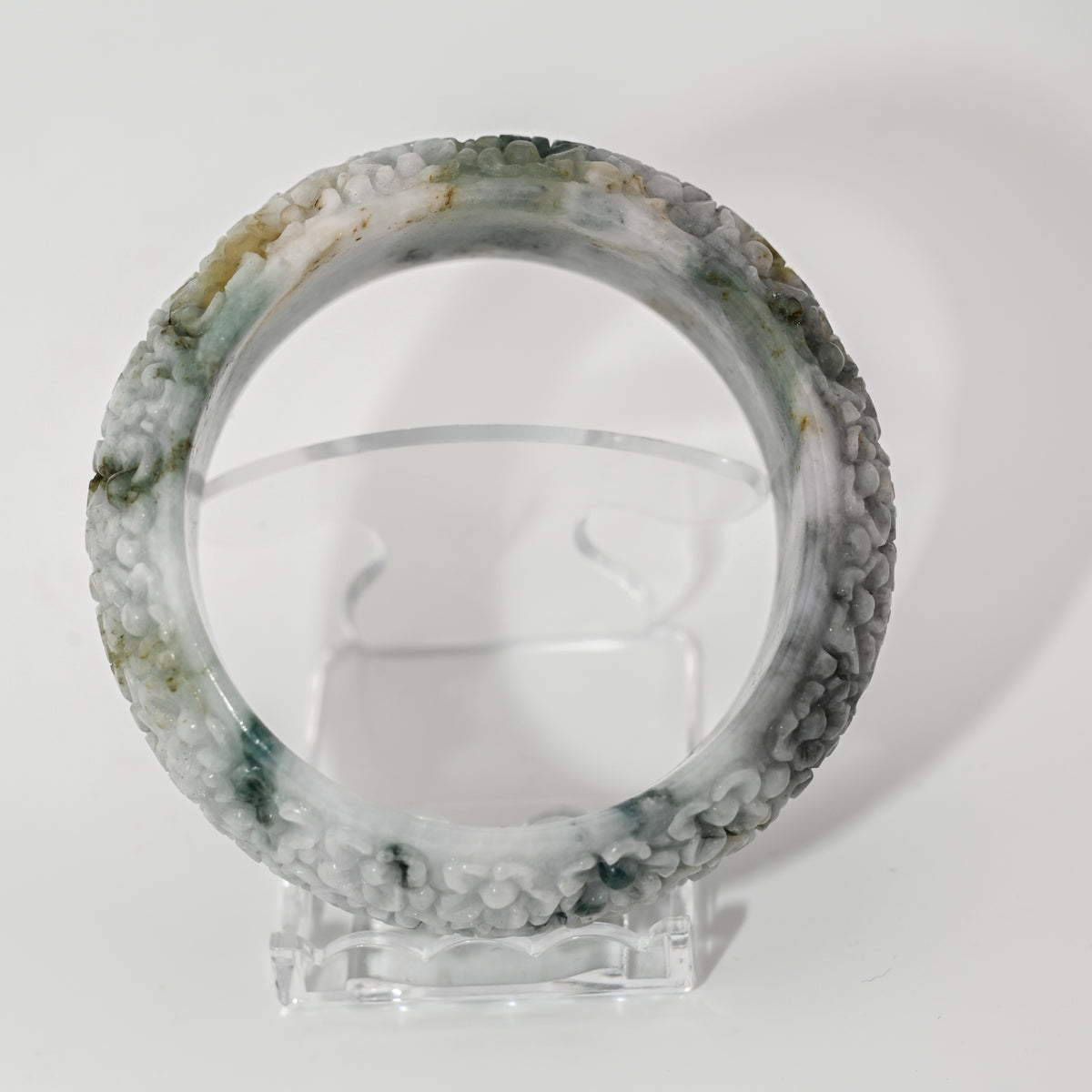 Engraved Type A Burmese jadeite bangle cuff, imperial green, lavender & ocean blue — Brother Ryan Shop