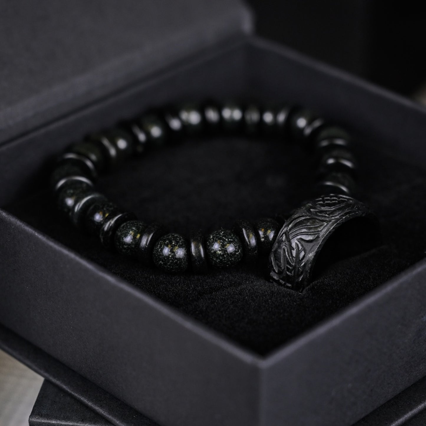 Black Jade Bead Bracelet & Dragon Scale Engraved Jade Ring Set