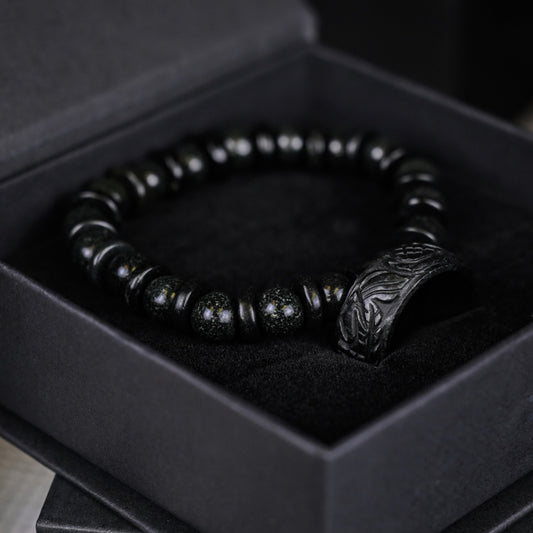 Black Jade Bead Bracelet & Dragon Scale Engraved Jade Ring Set