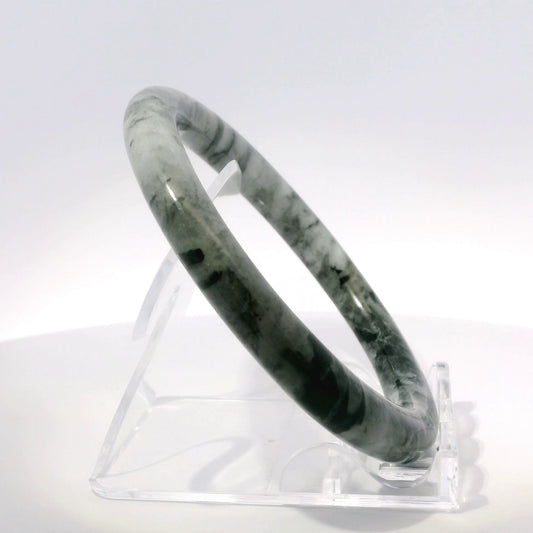 58mm Icy Wuji Round Jade Bangle, upright edge view on display stand, authentic Type A Burma jadeite, Brother Ryan Shop