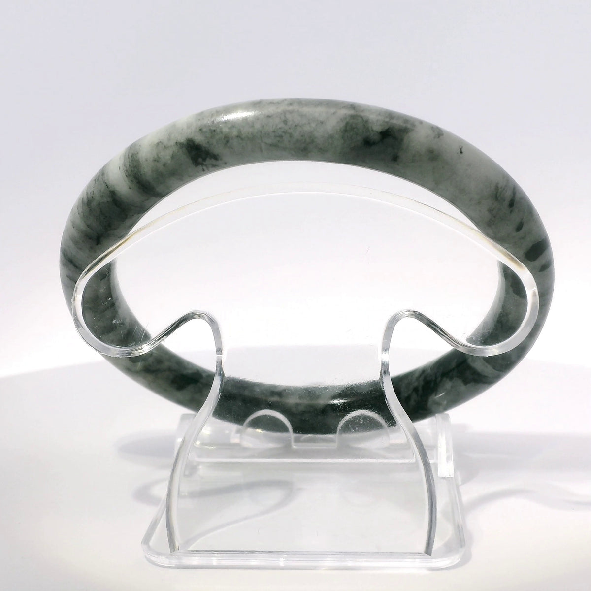 58mm Icy Wuji Round Jade Bangle, top-down view on display stand, authentic Type A Burma jadeite, Brother Ryan Shop