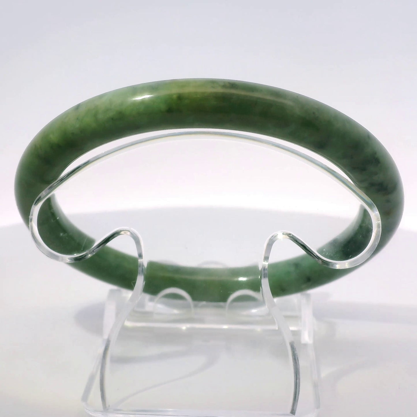 61mm O.G. Imperial Round Jade Bangle, top-down view on display stand, authentic Type A Burma jadeite, Brother Ryan Shop