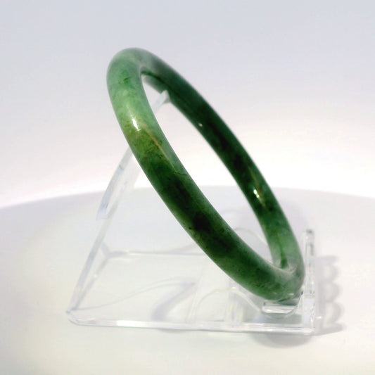 56mm Imperial Round Jade Bangle, upright edge view on display stand, authentic Type A Burma jadeite, Brother Ryan Shop