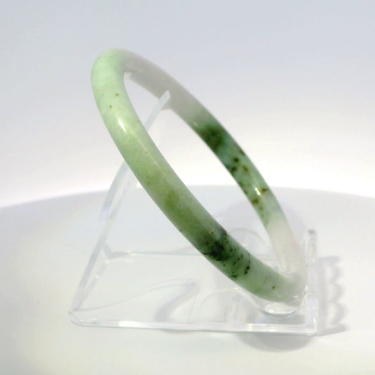 60mm Tri-Moss Round Jade Bangle, upright edge view on display stand, authentic Type A Burma jadeite, Brother Ryan Shop