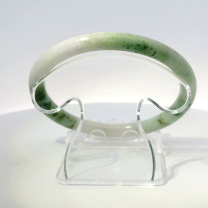 60mm Tri-Moss Round Jade Bangle, top-down view on display stand, authentic Type A Burma jadeite, Brother Ryan Shop