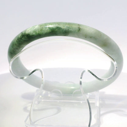 59mm White Moss Round Jade Bangle, top-down view on display stand, authentic Type A Burma jadeite, Brother Ryan Shop