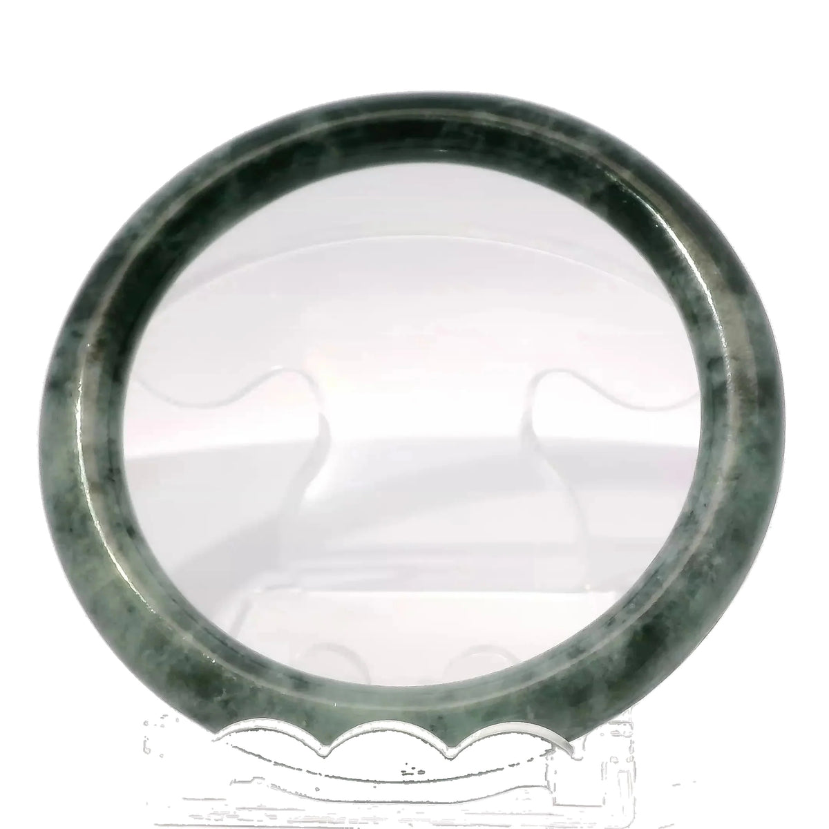 59mm Yin-Yang Round Jade Bangle, front view on display stand, authentic Type A Burma jadeite, Brother Ryan Shop
