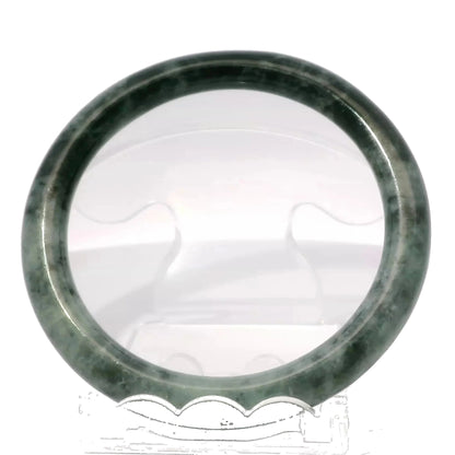 59mm Yin-Yang Round Jade Bangle, front view on display stand, authentic Type A Burma jadeite, Brother Ryan Shop