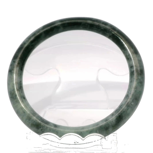 59mm Yin-Yang Round Jade Bangle, front view on display stand, authentic Type A Burma jadeite, Brother Ryan Shop